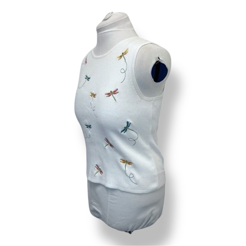 Eagle’s Eye Women’s Sleeveless Knit Top VTG 90s Dragonfly Embroidery White M - Picture 2 of 7